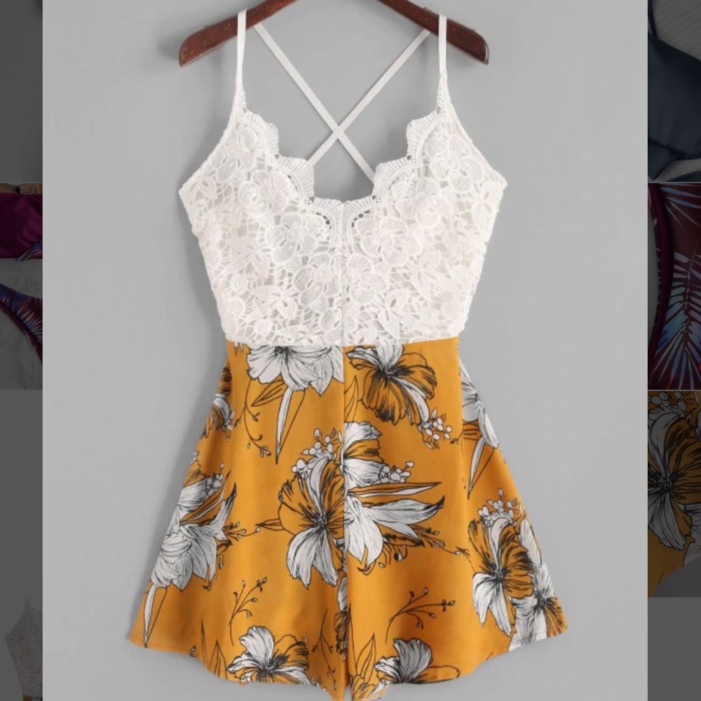 Lace Panel Criss Cross Floral Cami Romper